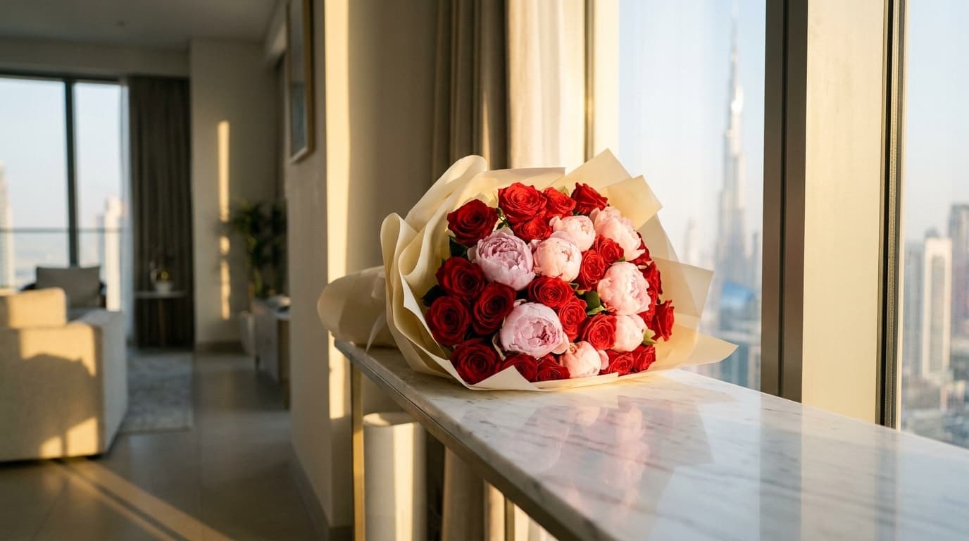 Fresh roses and peonies on a marble console in a Dubai apartment